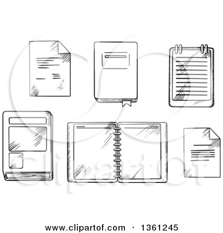 Clipart of a Black and White Sketched Book, Open Spiral Notebook and Notepad, Paper Documents and Diary with Ribbon Bookmark - Royalty Free Vector Illustration by Vector Tradition SM