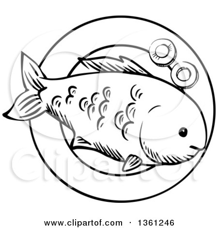 Clipart of a Black and White Sketched Cooked Fish on a Plate - Royalty Free Vector Illustration by Vector Tradition SM