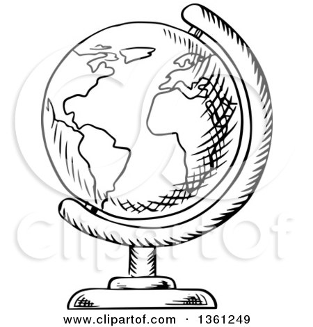Clipart of a Black and White Sketched Desk Globe - Royalty Free Vector Illustration by Vector Tradition SM