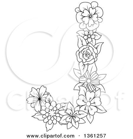 Clipart of a Black and White Lineart Floral Uppercase Alphabet Letter J - Royalty Free Vector Illustration by Vector Tradition SM