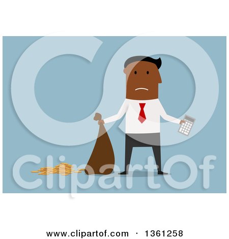 Clipart of a Flat Design Black Business Man Holding a Calculator and Leaking Money Bag, on a Blue Background - Royalty Free Vector Illustration by Vector Tradition SM