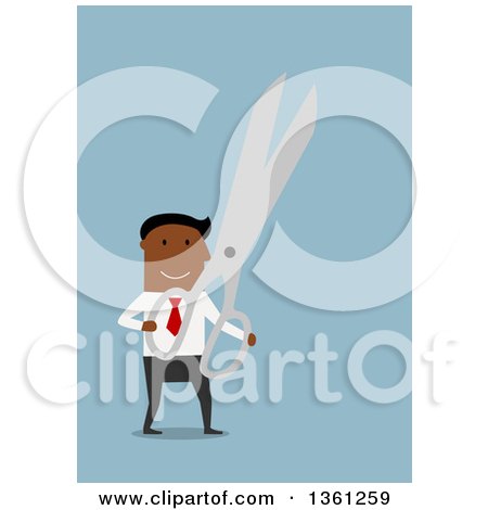 Clipart of a Flat Design Black Business Man Holding Scissors, on a Blue Background - Royalty Free Vector Illustration by Vector Tradition SM