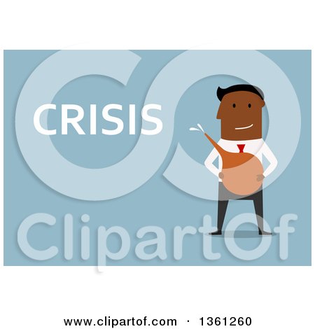 Clipart of a Flat Design Black Business Man Holding an Enema Next to Crisis Text, on a Blue Background - Royalty Free Vector Illustration by Vector Tradition SM