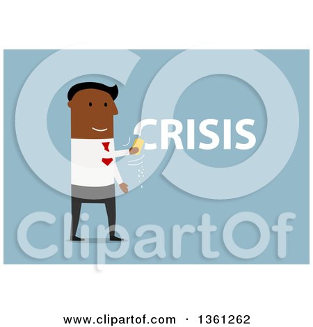 Clipart of a Flat Design Black Business Man Erasing Crisis Text, on a Blue Background - Royalty Free Vector Illustration by Vector Tradition SM