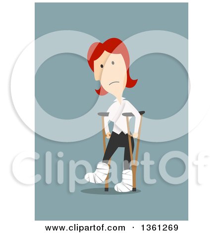 Clipart of a Flat Design Red Haired White Business Woman Walking with Crutches, on a Blue Background - Royalty Free Vector Illustration by Vector Tradition SM