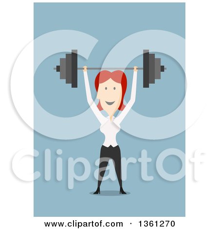 Clipart of a Flat Design Red Haired White Business Woman Lifting a Barbell over Her Head, on a Blue Background - Royalty Free Vector Illustration by Vector Tradition SM