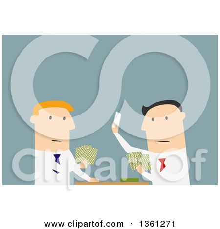 Clipart of Flat Design White Business Men Playing Cards, on a Blue Background - Royalty Free Vector Illustration by Vector Tradition SM