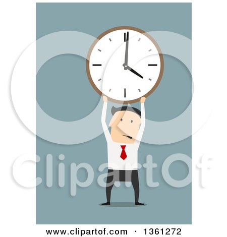 Clipart of a Flat Design White Business Man Holding up a Clock, on a Blue Background - Royalty Free Vector Illustration by Vector Tradition SM
