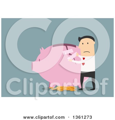 Clipart of a Flat Design White Business Man Taping up a Broken Piggy Bank, on a Blue Background - Royalty Free Vector Illustration by Vector Tradition SM