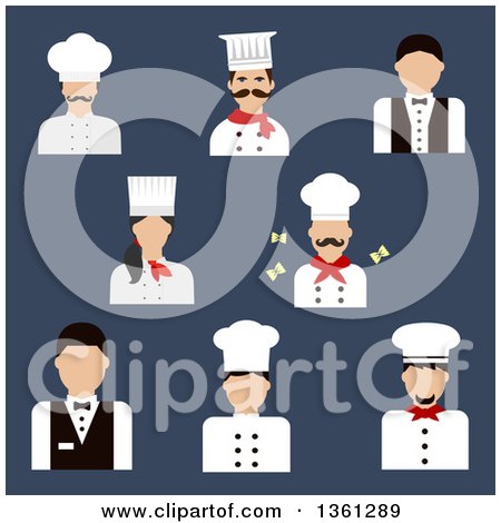 Clipart of Flat Design Chefs, Bakers and Waiters over Blue - Royalty Free Vector Illustration by Vector Tradition SM