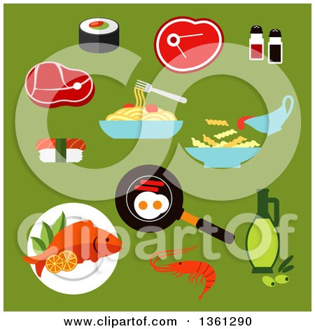 Clipart of a Flat Design Foods on Green - Royalty Free Vector Illustration by Vector Tradition SM