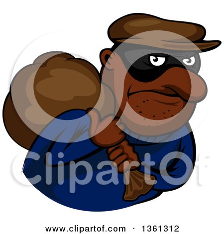 Clipart of a Cartoon Black Robber Carrying a Bag on His Shoulder - Royalty Free Vector Illustration by Vector Tradition SM