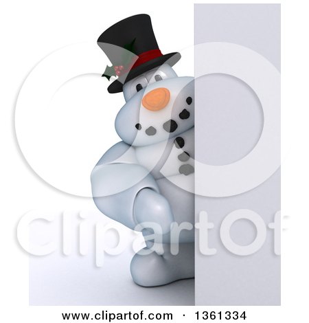 Clipart of a 3d Snowman Character by a Sign, on a Shaded White Background - Royalty Free Illustration by KJ Pargeter