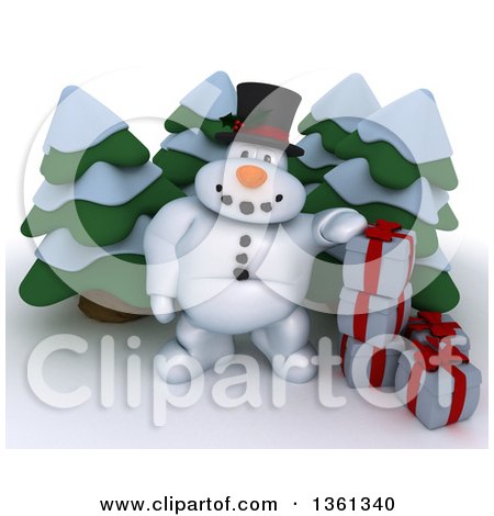 Clipart of a 3d Snowman Character with Christmas Gifts and Evergreen Trees, on a Shaded White Background - Royalty Free Illustration by KJ Pargeter
