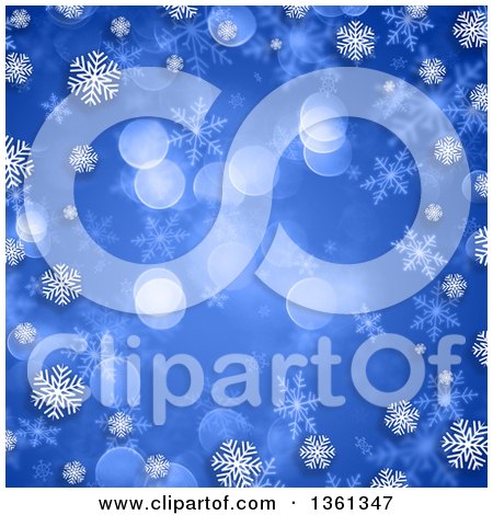 Clipart of a Blue Christmas Background with Bokeh Flares, Bordered in White Snowflakes - Royalty Free Illustration by KJ Pargeter