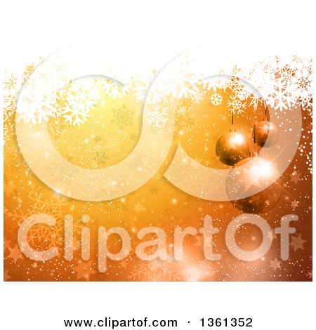Clipart of a 3d Suspended Christmas Baubles over an Orange Background with Stars and Snowflakes - Royalty Free Vector Illustration by KJ Pargeter