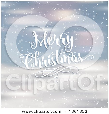Clipart of a White Merry Christmas Greeting and Swirl over Blurred Snow - Royalty Free Vector Illustration by KJ Pargeter