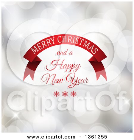 Clipart of a Red Banner with Merry Christmas and a Happy New Year Greeting over Bokeh Flares - Royalty Free Vector Illustration by KJ Pargeter