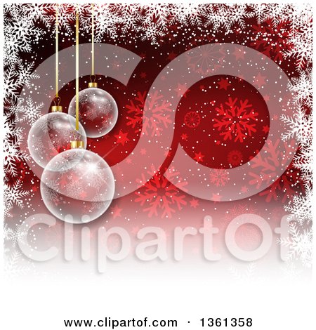 Clipart of a Background of 3d Transparent Christmas Baubles Hanging over a Red Snowflake Background with a Border of White - Royalty Free Vector Illustration by KJ Pargeter