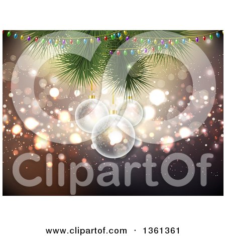 Clipart of a Background of 3d Transparent Christmas Baubles Hanging from Branches with Lights over Bokeh - Royalty Free Vector Illustration by KJ Pargeter