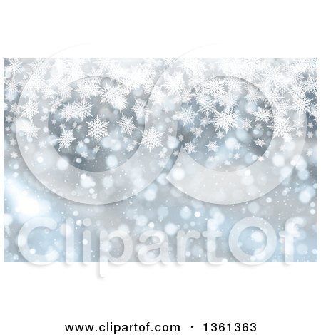 Clipart of a Silver Christmas Background of Bokeh Flares and Snowflakes - Royalty Free Illustration by KJ Pargeter