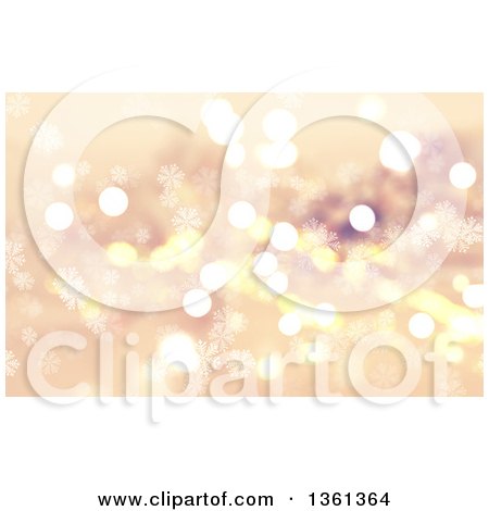 Clipart of a Golden Christmas Background of Bokeh Flares and Snowflakes - Royalty Free Illustration by KJ Pargeter