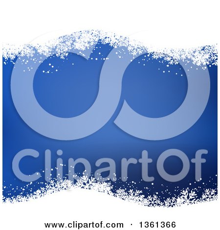 Clipart of a Blue Christmas Background with Waves of White Snowflakes - Royalty Free Vector Illustration by KJ Pargeter