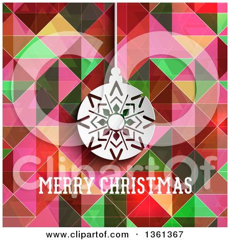 Clipart of a White Paper Snowflake Bauble over Merry Christmas Text and Colorful Geometric - Royalty Free Vector Illustration by KJ Pargeter