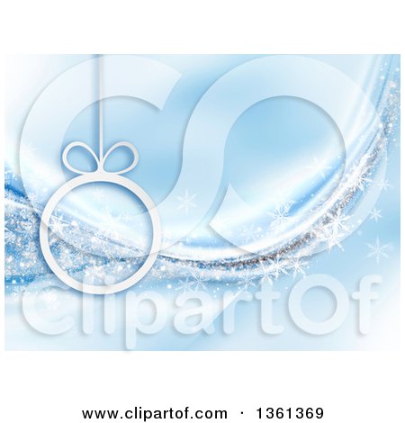Clipart of a White Suspended Christmas Ornament over a Blue Wave and Snowflake Background - Royalty Free Illustration by KJ Pargeter