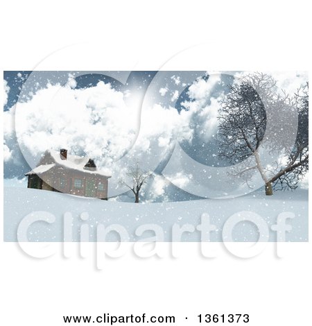 Clipart of a 3d Log Cabin on Top of a Snowy Hill with Trees, Clouds and Sunshine - Royalty Free Illustration by KJ Pargeter