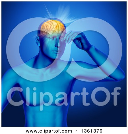 Clipart of a 3d Xray Anatomical Man with Visible Muscles and Glowing Head Pain with Visible Brain, over Blue - Royalty Free Illustration by KJ Pargeter