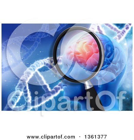 Clipart of a 3d Magnifying Glass over a Man's Head with Visible Glowing Brain over DNA Strands on Blue - Royalty Free Illustration by KJ Pargeter