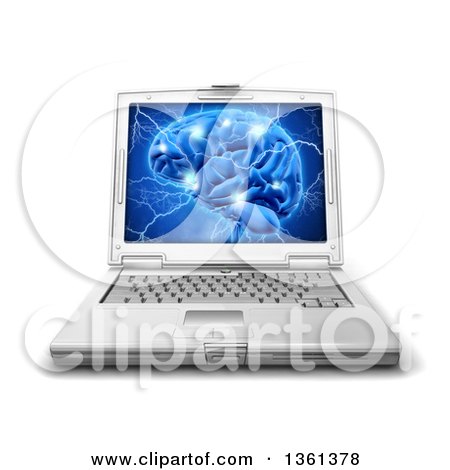 Clipart of a 3d Human Brain Sparking and Being Struck with Lightning Bolts, on a Laptop Computer Screen, over Shaded White - Royalty Free Illustration by KJ Pargeter