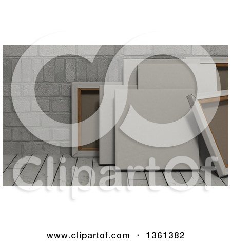 Clipart of 3d Blank Art Canvases, on Wood over Bricks - Royalty Free Illustration by KJ Pargeter