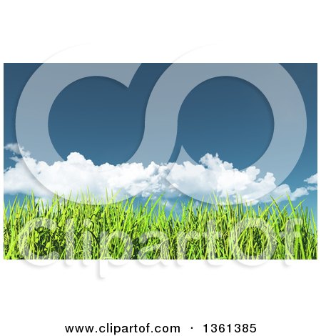 Clipart of a Background of 3d Spring or Summer Blue Sky with Clouds over Green Grass - Royalty Free Illustration by KJ Pargeter
