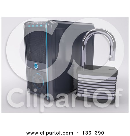 Clipart of a 3d Desktop Computer Tower with an Open Padlock, on a Shaded Background - Royalty Free Illustration by KJ Pargeter