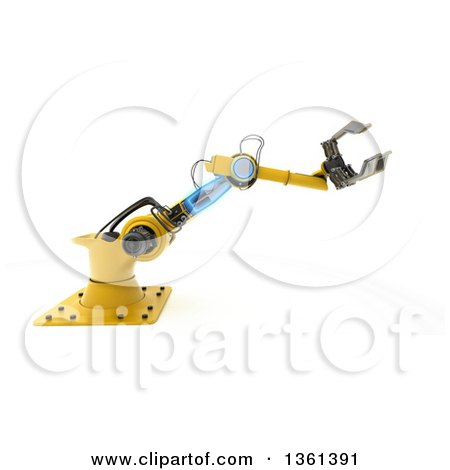 Clipart of a 3d Yellow Industrial Robotic Arm, on a White Background - Royalty Free Illustration by KJ Pargeter