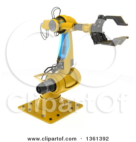 Clipart of a 3d Yellow Industrial Robotic Arm, on a White Background - Royalty Free Illustration by KJ Pargeter