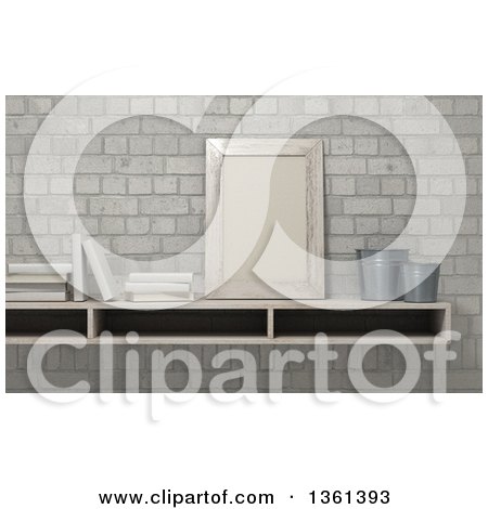 Clipart of a 3d Shelf with a Frame, Pots and Books Against Bricks - Royalty Free Illustration by KJ Pargeter