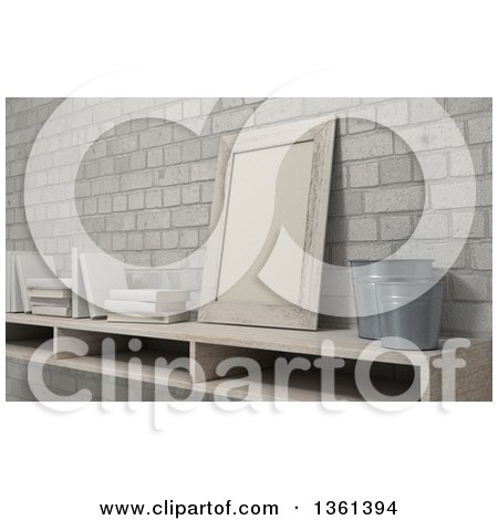 Clipart of a 3d Shelf with a Frame, Pots and Books Against Bricks - Royalty Free Illustration by KJ Pargeter