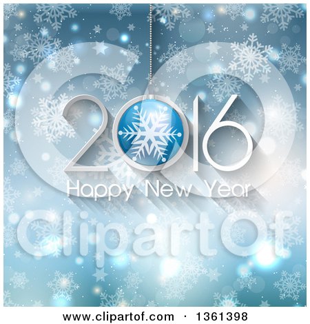 Clipart of a 3d 2016 Happy New Year Bauble Greeting over Blue Snowflakes, Flares and Stars - Royalty Free Vector Illustration by KJ Pargeter