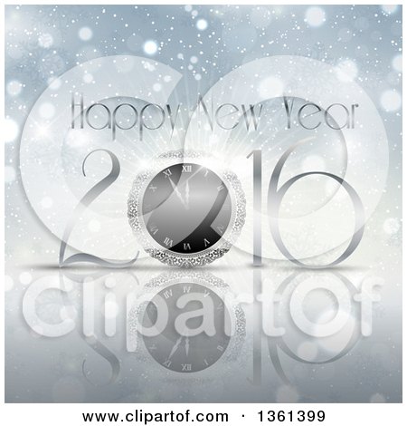 Clipart of a 3d Clock in a 2016 Happy New Year Greeting over a Burst with Snowflakes and Flares - Royalty Free Vector Illustration by KJ Pargeter
