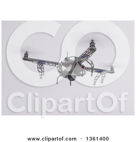 Clipart of a 3d Metal Quadcopter Drone Flying, on a Shaded Background - Royalty Free Illustration by KJ Pargeter
