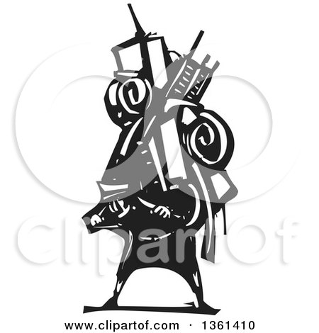 Clipart of a Black and White Woodcut Man Carrying a Heavy Bundle on His Back - Royalty Free Vector Illustration by xunantunich