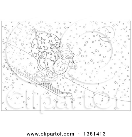 Clipart of a Black and White Lineart Santa Skiing Downhill at Night - Royalty Free Vector Illustration by Alex Bannykh