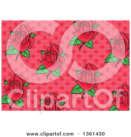 Clipart of a Background Pattern of Pink Roses over Polka Dots - Royalty Free Vector Illustration by Prawny