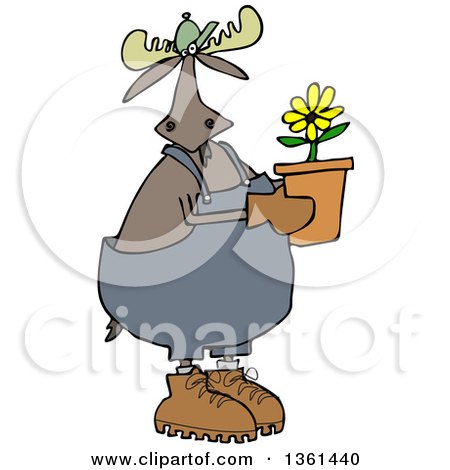 Clipart of a Cartoon Moose Gardener Holding a Potted Flower - Royalty Free Vector Illustration by djart