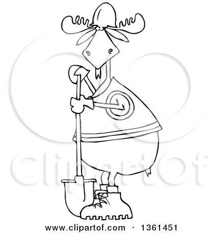 Clipart of a Cartoon Black and White Lineart Moose Contractor Holding a Shovel and Wearing a Safety Vest - Royalty Free Vector Illustration by djart