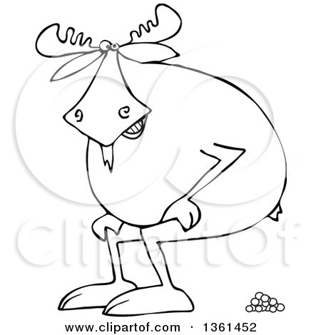 Clipart of a Cartoon Black and White Lineart Moose Squatting and Pooping - Royalty Free Vector Illustration by djart