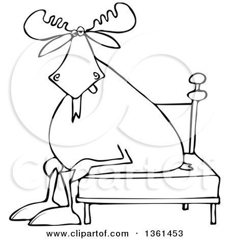 Clipart of a Cartoon Black and White Lineart Tired Moose Sitting on a Bed - Royalty Free Vector Illustration by djart